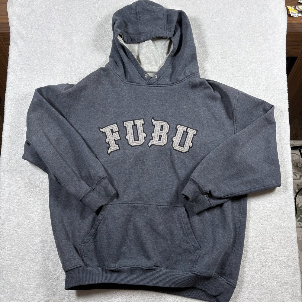 VTG FUBU The Collection Hoodie‎ Mens XL Gray Embroidered Logo Streetwear Hip Hop
